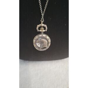 NEW Double-Sided Pocket Watch Pendant Necklace Quartz Floral Engraved / Eagle...